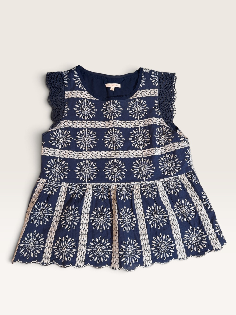 Skies Are Blue Navy Blue White Eyelet Embroidered Peplum Top M Boho Chic